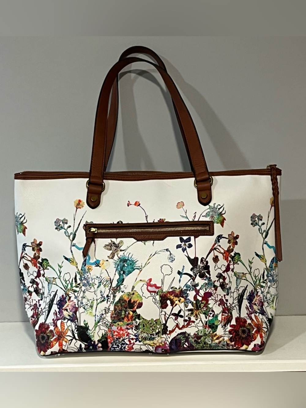 Etienne Aigner Floral Tote 🌸 Large Zip Leather Trim Shoulder Bag